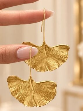 Anthropologie Gold Ginkgo Leaf Drop Earrings